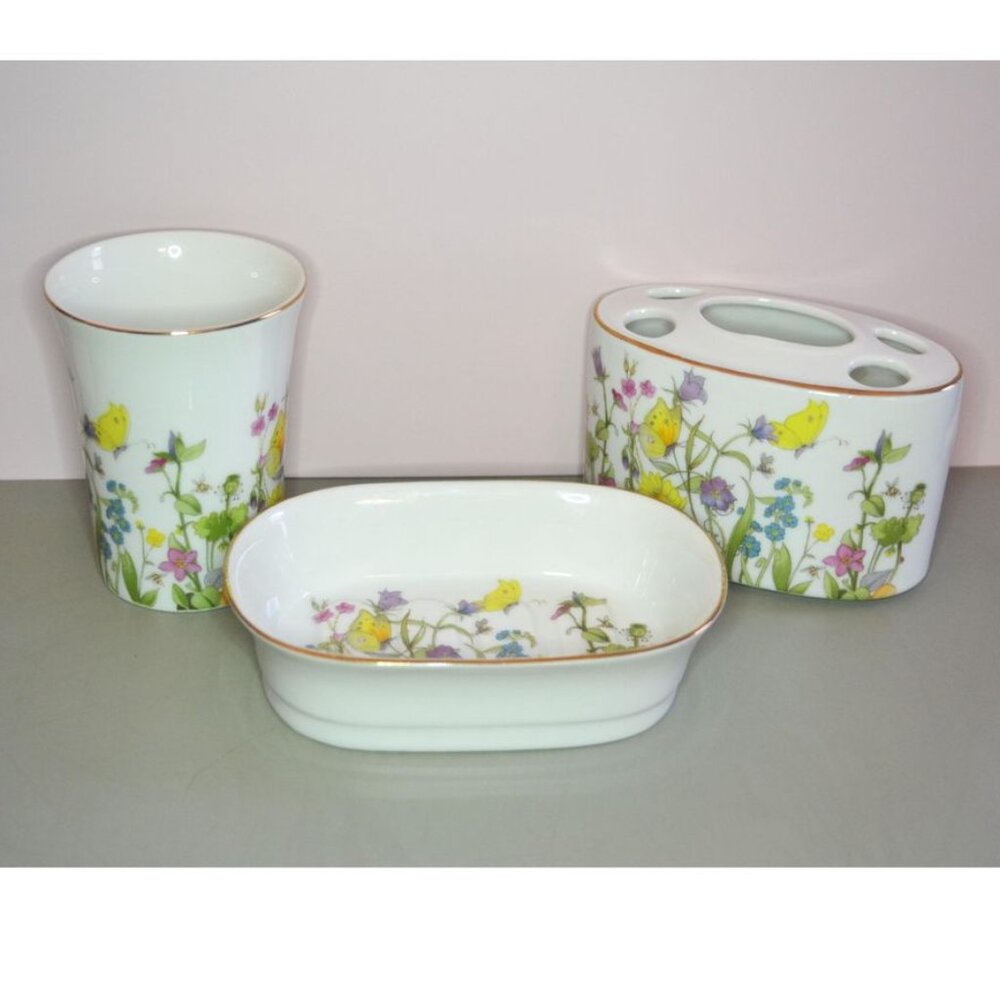 Vintage Decorative Ceramic 3 Piece Bath Set Enesco Japan Butterflies And Flowers